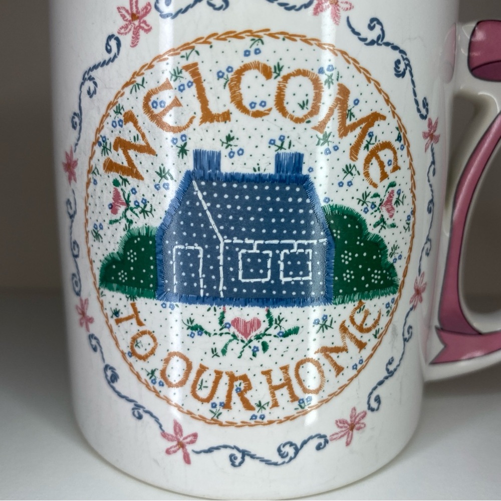 Welcome Home White Mug w/ Pink Bow Handle 80’s Vintage Cottagecore Romantic - Picture 2 of 10